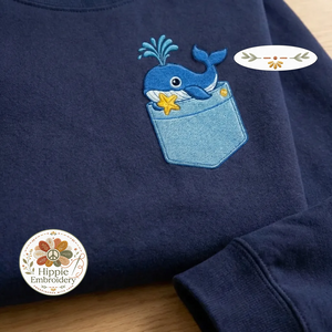 Embroidered Faux Pocket Whale Sweatshirt, Ocean Life Crewneck