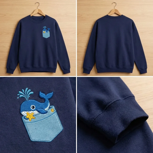 Embroidered Faux Pocket Whale Sweatshirt, Ocean Life Crewneck