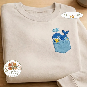 Embroidered Faux Pocket Whale Sweatshirt, Ocean Life Crewneck