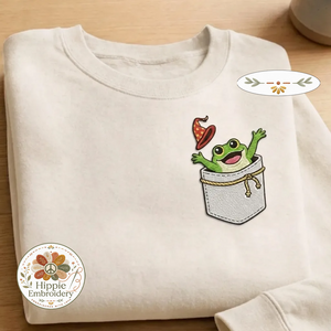 Embroidered Faux Pocket Wizard Frog Sweatshirt, Fantasy Crewneck