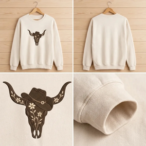 Embroidered Floral Cow Skull Sweatshirt, Vintage Western Cowgirl Crew