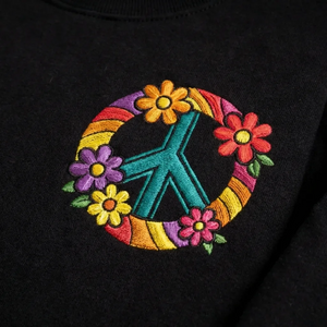 Embroidered Floral Peace Sign Sweatshirt, 70s Boho Hippie Top