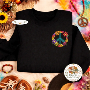 Embroidered Floral Peace Sign Sweatshirt, 70s Boho Hippie Top