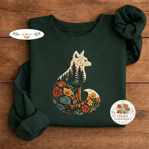 Embroidered Forest Fox Nature Landscape Sweatshirt, Woodland Crew