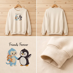 Embroidered Friends Forever Monkey Penguin Sweatshirt, Cute Top