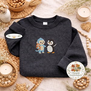 Embroidered Friends Forever Monkey Penguin Sweatshirt, Cute Top