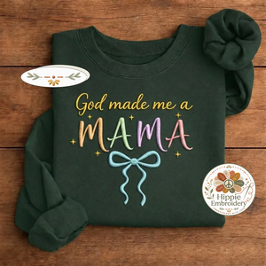 Embroidered God Made Me A MAMA Shirt, Floral Bow Christian Crew