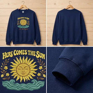 Embroidered Here Comes The Sun Shirt, Retro Waves Summer Crew
