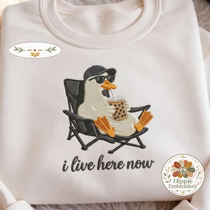 Embroidered I Live Here Now Goose Sweatshirt, Funny Baseball Shirt