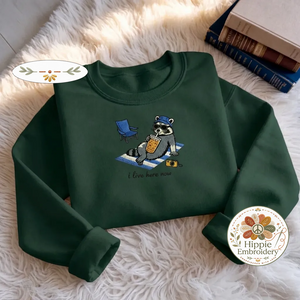Embroidered I Live Here Now Raccoon Sweatshirt, Trash Panda Shirt