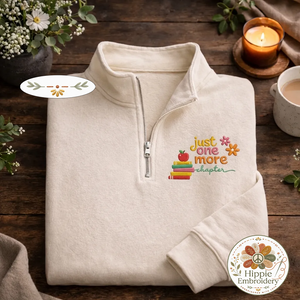 Embroidered Just One More Chapter Quarter Zip, Floral Book Shirt