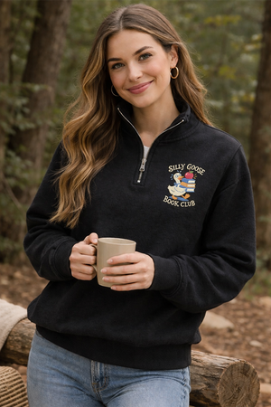 Embroidered Just One More Chapter Quarter Zip, Floral Book Shirt