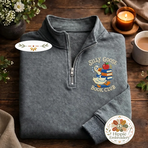 Embroidered Just One More Chapter Quarter Zip, Floral Book Shirt