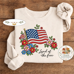 Embroidered Land of the Free Shirt, Floral American Flag Crewneck