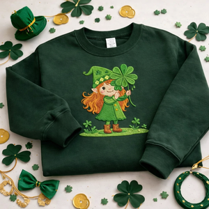 Embroidered Leprechaun Girl Sweatshirt, Irish Clover Top