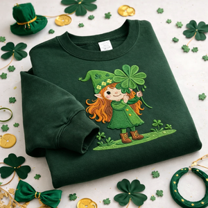 Embroidered Leprechaun Girl Sweatshirt, Irish Clover Top