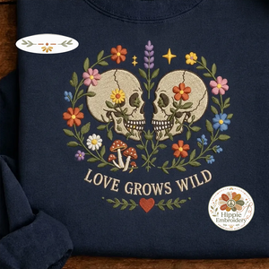 Embroidered Love Grows Wild Floral Skulls Couple Sweatshirt, Boho