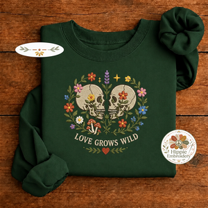 Embroidered Love Grows Wild Floral Skulls Couple Sweatshirt, Boho