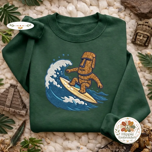 Embroidered Moai Surfing Sweatshirt, Island Statue Surf Pullover