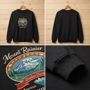 Embroidered Mount Rainier Washington Sweatshirt, Retro Mountain Crew