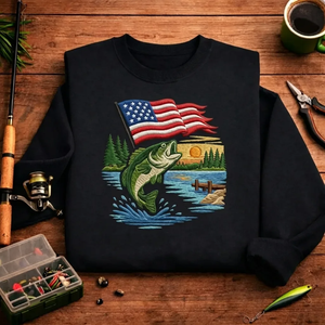 Embroidered Patriotic Bass Fishing Sweatshirt, American Flag Crewneck