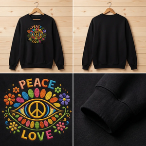 Embroidered Peace Love Sweatshirt, 70s Boho Flower Power Top