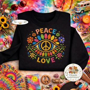 Embroidered Peace Love Sweatshirt, 70s Boho Flower Power Top