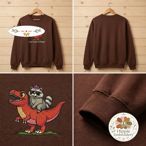 Embroidered Raccoon Dinosaur Sweatshirt, Funny Outrage Top
