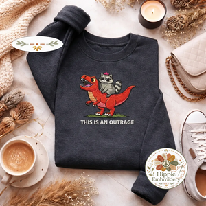 Embroidered Raccoon Dinosaur Sweatshirt, Funny Outrage Top
