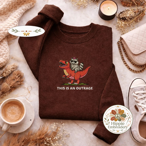 Embroidered Raccoon Dinosaur Sweatshirt, Funny Outrage Top