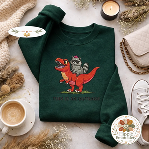 Embroidered Raccoon Dinosaur Sweatshirt, Funny Outrage Top
