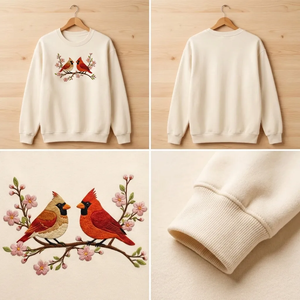 Embroidered Red Cardinal Bird Sweatshirt, Cherry Blossom Crewneck