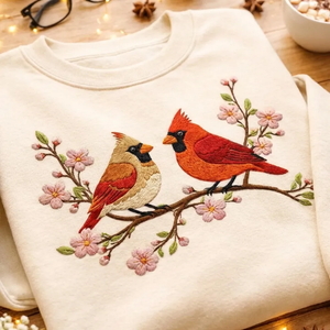 Embroidered Red Cardinal Bird Sweatshirt, Cherry Blossom Crewneck