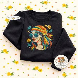 Embroidered Retro Hippie Girl Sweatshirt, 70s Boho Flower Shirt
