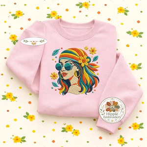 Embroidered Retro Hippie Girl Sweatshirt, 70s Boho Flower Shirt