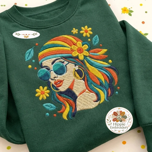 Embroidered Retro Hippie Girl Sweatshirt, 70s Boho Flower Shirt