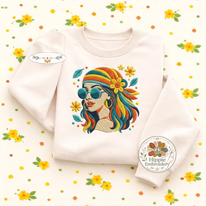 Embroidered Retro Hippie Girl Sweatshirt, 70s Boho Flower Shirt