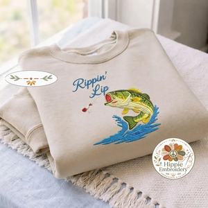 Embroidered Rippin' Lips Fishing Sweatshirt, Bass Angler Crewneck