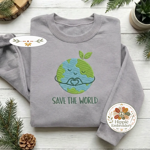 Embroidered Save The World Sweatshirt, Heart Globe Eco Shirt