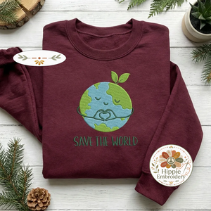 Embroidered Save The World Sweatshirt, Heart Globe Eco Shirt