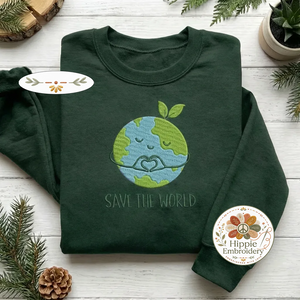 Embroidered Save The World Sweatshirt, Heart Globe Eco Shirt