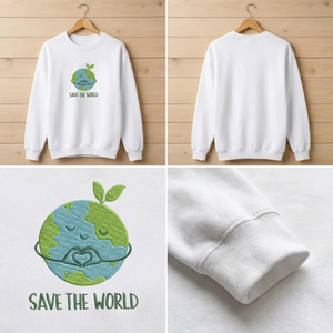 Embroidered Save The World Sweatshirt, Heart Globe Eco Shirt