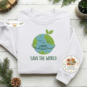 Embroidered Save The World Sweatshirt, Heart Globe Eco Shirt