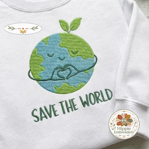 Embroidered Save The World Sweatshirt, Heart Globe Eco Shirt