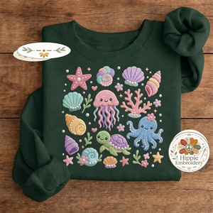 Embroidered Sea Life Kawaii Sweatshirt, Jellyfish Octopus Crew