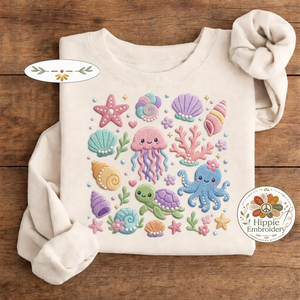 Embroidered Sea Life Kawaii Sweatshirt, Jellyfish Octopus Crew
