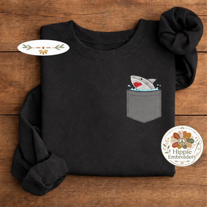 Embroidered Shark Pocket Sweatshirt, Ocean Faux Pocket Crewneck
