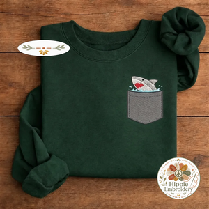 Embroidered Shark Pocket Sweatshirt, Ocean Faux Pocket Crewneck