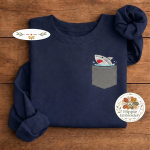 Embroidered Shark Pocket Sweatshirt, Ocean Faux Pocket Crewneck