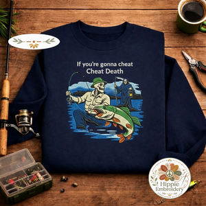 Embroidered Skeleton Fishing Sweatshirt, Cheat Death Crewneck